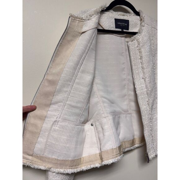 LAFAYETTE 148 Tweed Fringe Zip Front Blazer, Ivory, Pockets, Sz 8 - Picture 5 of 13